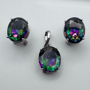 JH Young Oval Cut Rainbow Mystic Topaz Pendant & Earring Set Marked JH 925